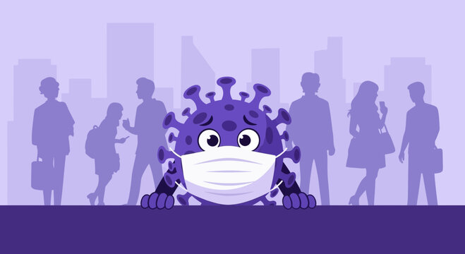 Cartoon Virus Wearing Face Mask In City With People Silhouette Illustration