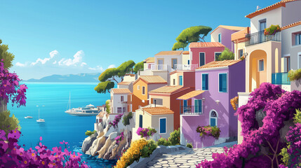 Beautiful Mediterranean coastal village background with vibrant houses, ocean views, and lush summer flowers. Dreamy European getaway, perfect for use in travel brochures, vacation promotions, and sum
