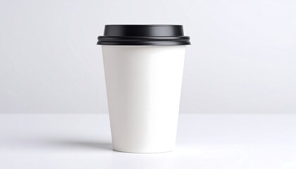 Paper Coffee Cup with Black Lid on Plain Background