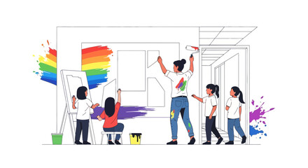 Family Painting Rainbow Mural Together With Joy And Creativity At Home