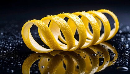 Lemon Peel Spiral with Water Droplets on Reflective Surface