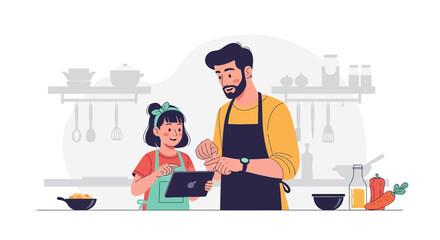 Father And Daughter Use Tablet For Recipes While Cooking Healthy Food At Home