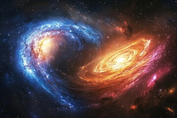 Vibrant cosmic collision: two galaxies swirling, merging in a dynamic display of celestial power and brilliant stellar colors.