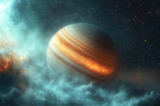 A digital illustration of Jupiter is amidst swirling teal clouds and a backdrop of a night sky filled with distant stars.