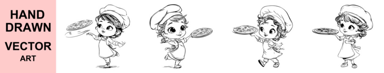 Adorable girl chef holding pizza hand drawn cartoon black and white vector art for children kitchen culinary food illustration doodle clipart coloring