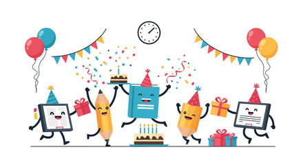 Cheerful Celebration Of Knowledge With Cartoon School Supply Characters Having Fun