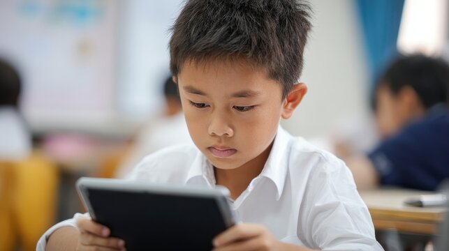 Focused Asian school boy using digital tablet at class in classroom. Attentive junior school student learning online virtual education digital program app tech during stem computer science lesson., n