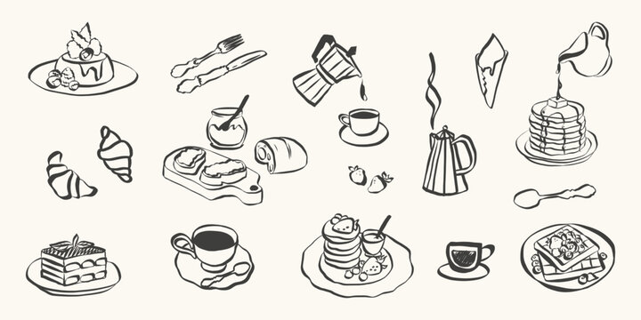 Whimsical chalk doodles of food and charcuterie. Quirky icons of breakfast and dinner meals in crayon style. Crayon drawing for menus and invitations. La dolce vita italian vector illustration