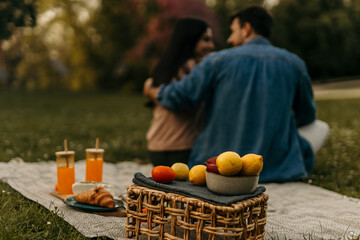 Couple enjoying romantic picnic in park with fresh fruit and drinks