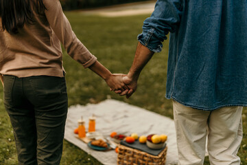 Couple holding hands near picnic blanket in a park