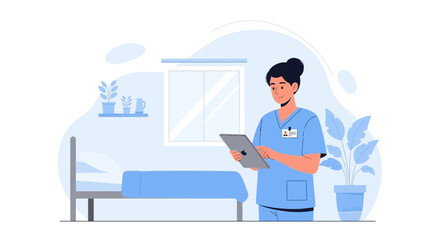 Female Medic With Digital Tablet Examining Patient Room Illustration