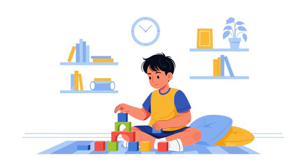 Cheerful Young Boy Creatively Playing Building Blocks On Carpet At Home