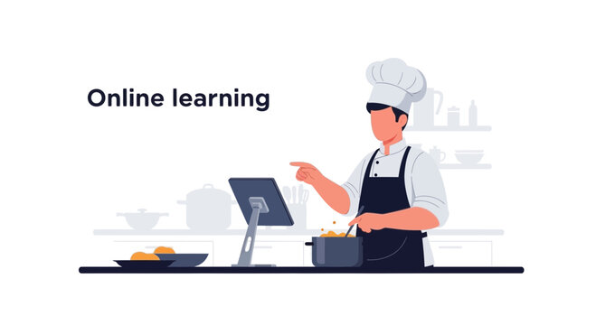Chef Engaged In Remote Culinary Education Using Tablet Device At Modern Kitchen