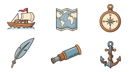 Vintage nautical adventure travel elements vector illustration set