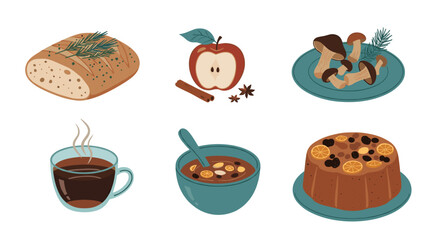 Autumnal harvest food illustration featuring bread apple and dessert