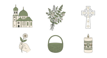 Church flowers cross basket candle hand drawing vector illustration