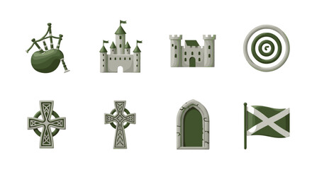 Scottish culture icons bagpipe castle cross flag target vector design