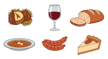 Delicious autumn feast featuring wine bread soup sausages and dessert