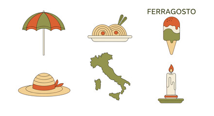 Celebrate italian summer holiday ferragosto with beach and food icons
