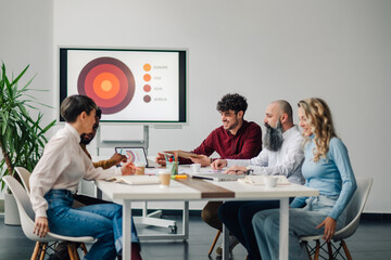Marketing managers discussing global strategy during business meeting