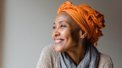 Smiling middle aged african american woman with orange headscarf. Beautiful black woman in casual clothing with traditional turban at home laughing. Portrait of mature carefree lady looking away., no
