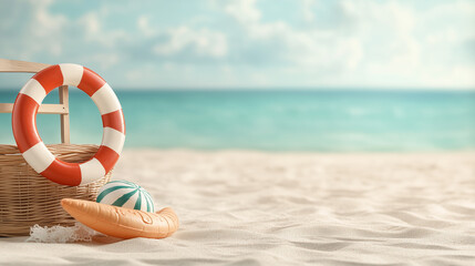Sandy beach with lifebuoy and inflatable toys. Bright background with empty space for summer family vacation and travel themes