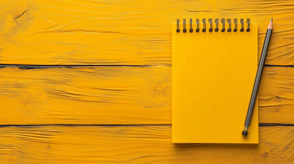 Yellow blank spiral notebook and pencil on textured yellow wooden surface. Bright template for sale offers, contact info, or announcements
