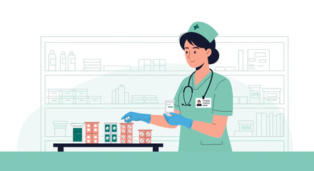 Female Pharmacist Checking Prescriptions In Pharmacy Store For Patients Treatment