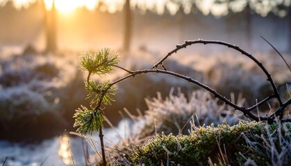 Pine Sapling in Frozen Landscape at Sunrise