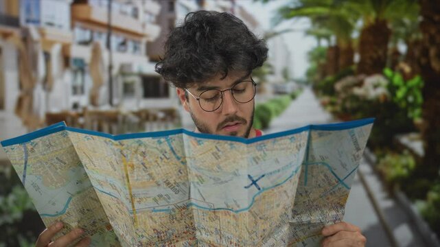 Young man with beard reading map outdoors in urban street setting with palm trees, illustrating travel exploration and navigation in a sunny hispanic environment.