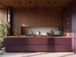 very simple midcentury modern kitchen interior in aubergine and light with wooden wall panelling