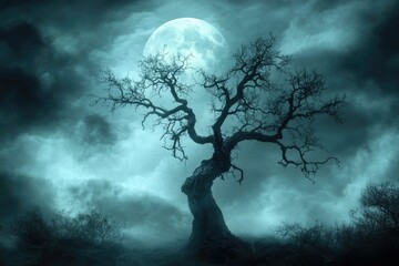 A spooky scene features a bare tree silhouetted against a full moon and dramatic, dark, stormy clouds, evoking a sense of mystery.