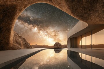 Modern house under rock overhang reflects the starry sky in a pool with desert landscape backdrop.