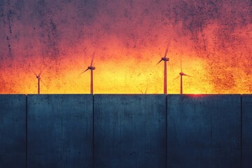 Obraz premium Wind turbines rise above a concrete barrier against a vibrant sunset, blending industry and nature's beauty.