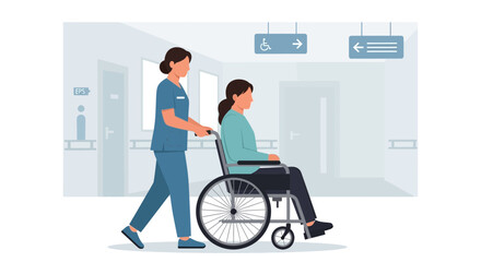Supportive Medical Assistant Pushing Woman In Wheelchair Through Hospital Corridor