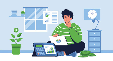 Naklejka premium Financial Strategy Analyst Consider Statistics From Chart Growth Data At Home