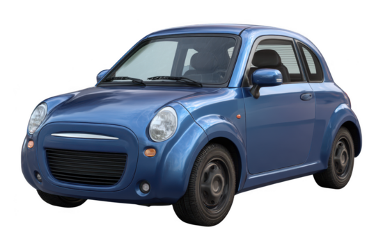 Shiny blue compact car with a retro design isolated on a transparent background