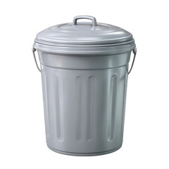 Classic silver metal trash can with lid and handle isolated on a transparent background