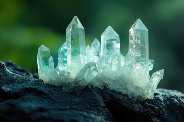 A cluster of clear quartz crystals rests on a dark rock against a soft, blurred green background, gleaming with natural light.