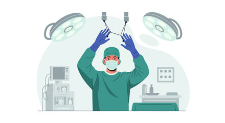 Surgeon Preparing Operating Room Lights For Surgical Procedure Illustration