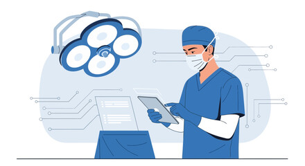 Surgeon Using Digital Technology Preparing For An Operation In Operating Room