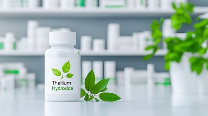 A white bottle labeled 'Thallium Hydroxide' surrounded by green leaves, symbolizing natural chemistry and health.