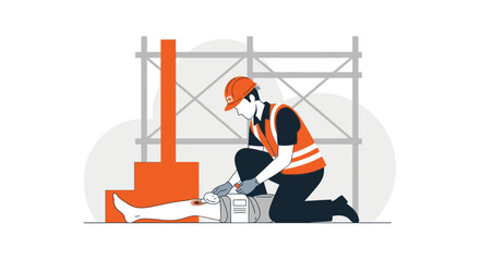 Construction Site Worker Providing First Aid After An Accident Scene