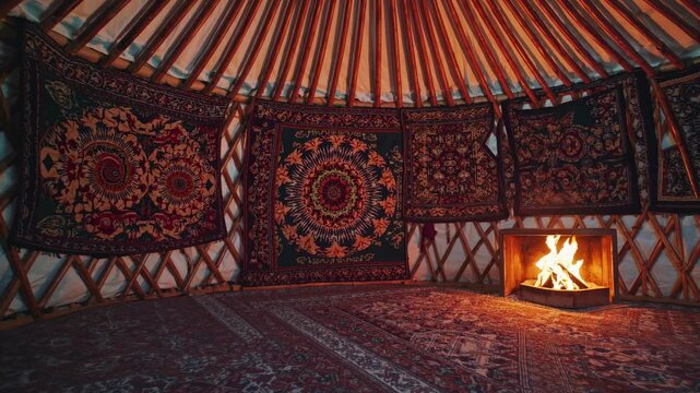 Cozy interior of a yurt with decorative carpets and a warm fire in a rustic setting