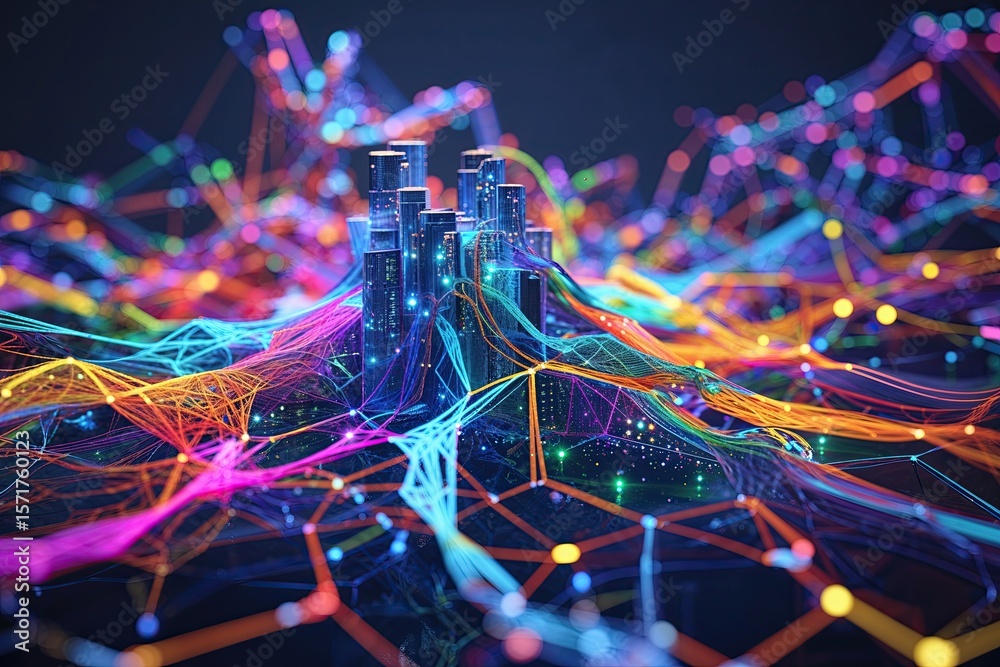 Poster abstract colorful technology network interweaved with data communication pathways