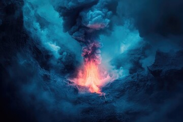 Fototapeta premium A dramatic volcano eruption with fiery lava and billowing smoke amidst a surreal, cloudy, and almost ethereal landscape.