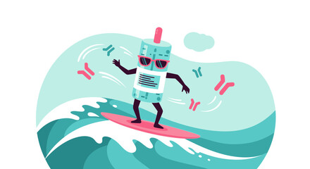 Cool Antibody Surfer Riding Ocean Waves With Summer Vibe Character Illustration