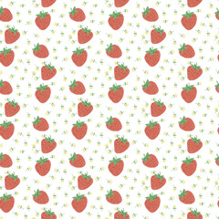 Seamless pattern with hand-drawn strawberries, green leaves, small white flowers on a transparent background. Perfect for summer textiles, packaging, wrapping, digital prints, and surface decoration