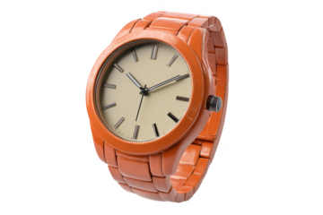 Stylish orange ceramic wristwatch with cream dial and silver hour markers isolated on a transparent background