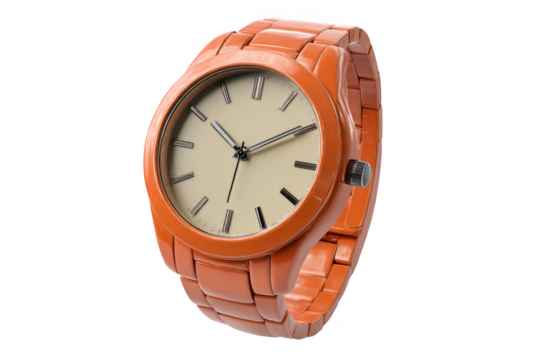 Stylish orange ceramic wristwatch with cream dial and silver hour markers isolated on a transparent background - Powered by Adobe